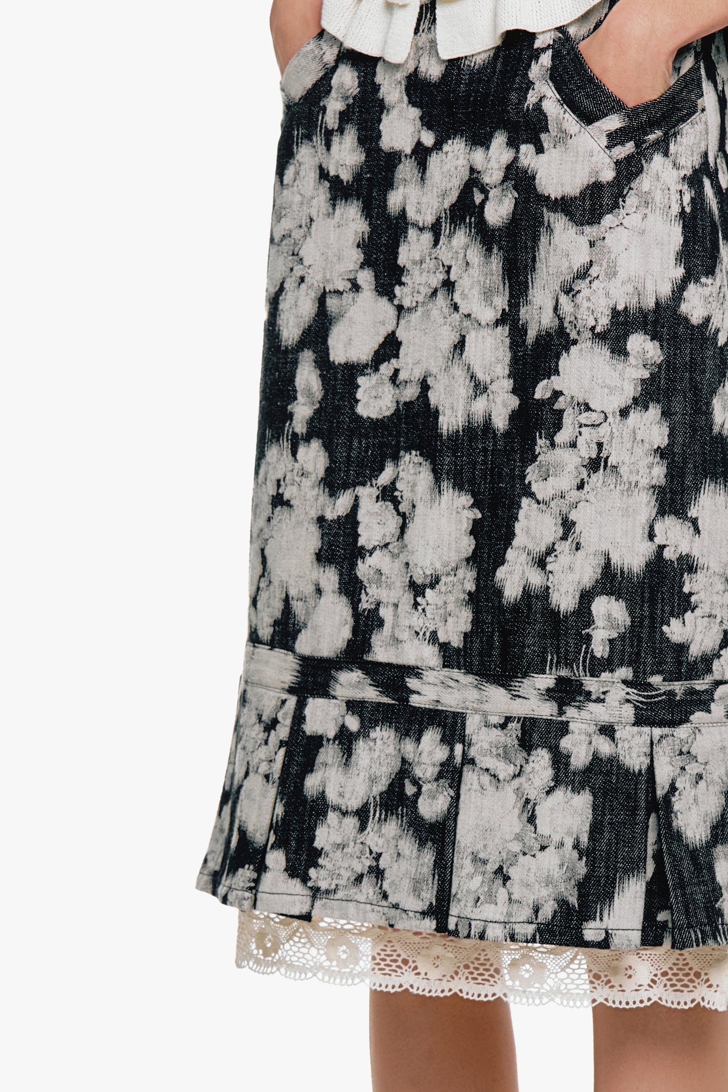 Rose Illusion Denim Lace Trimmed Skirt