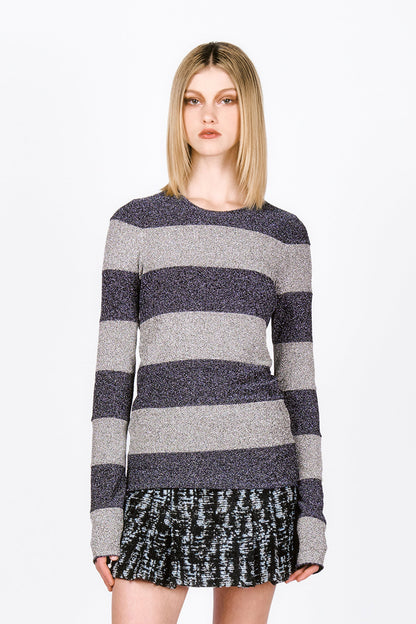 Glitter Knit Long Sleeve Striped Top- Blue