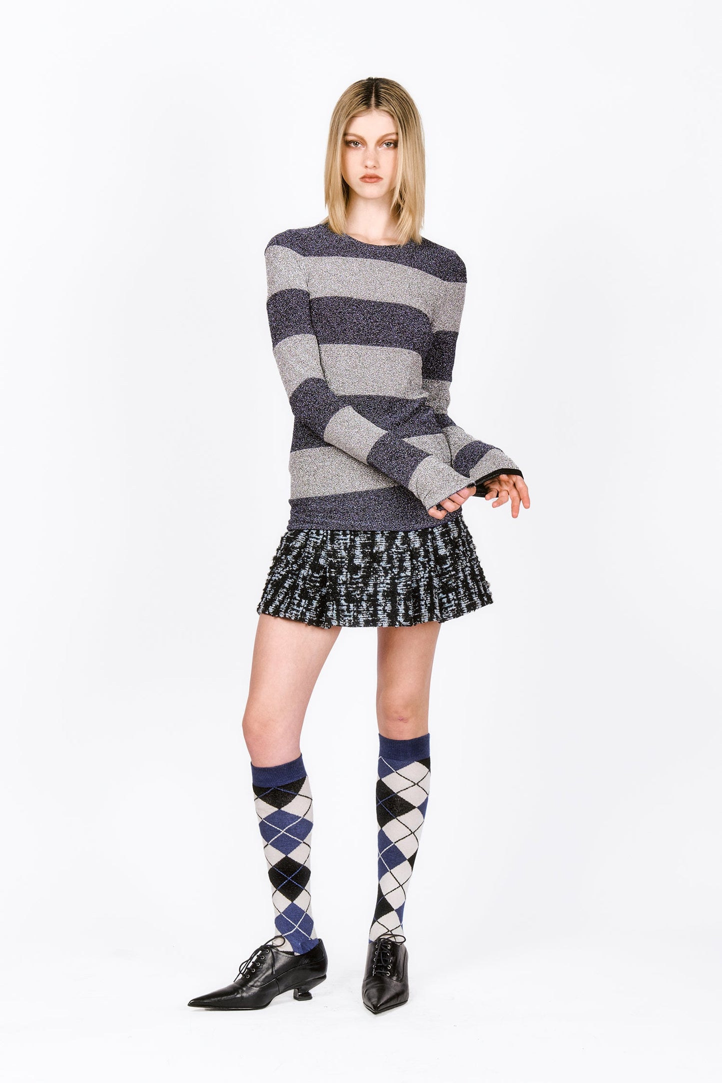 Glitter Knit Long Sleeve Striped Top- Blue