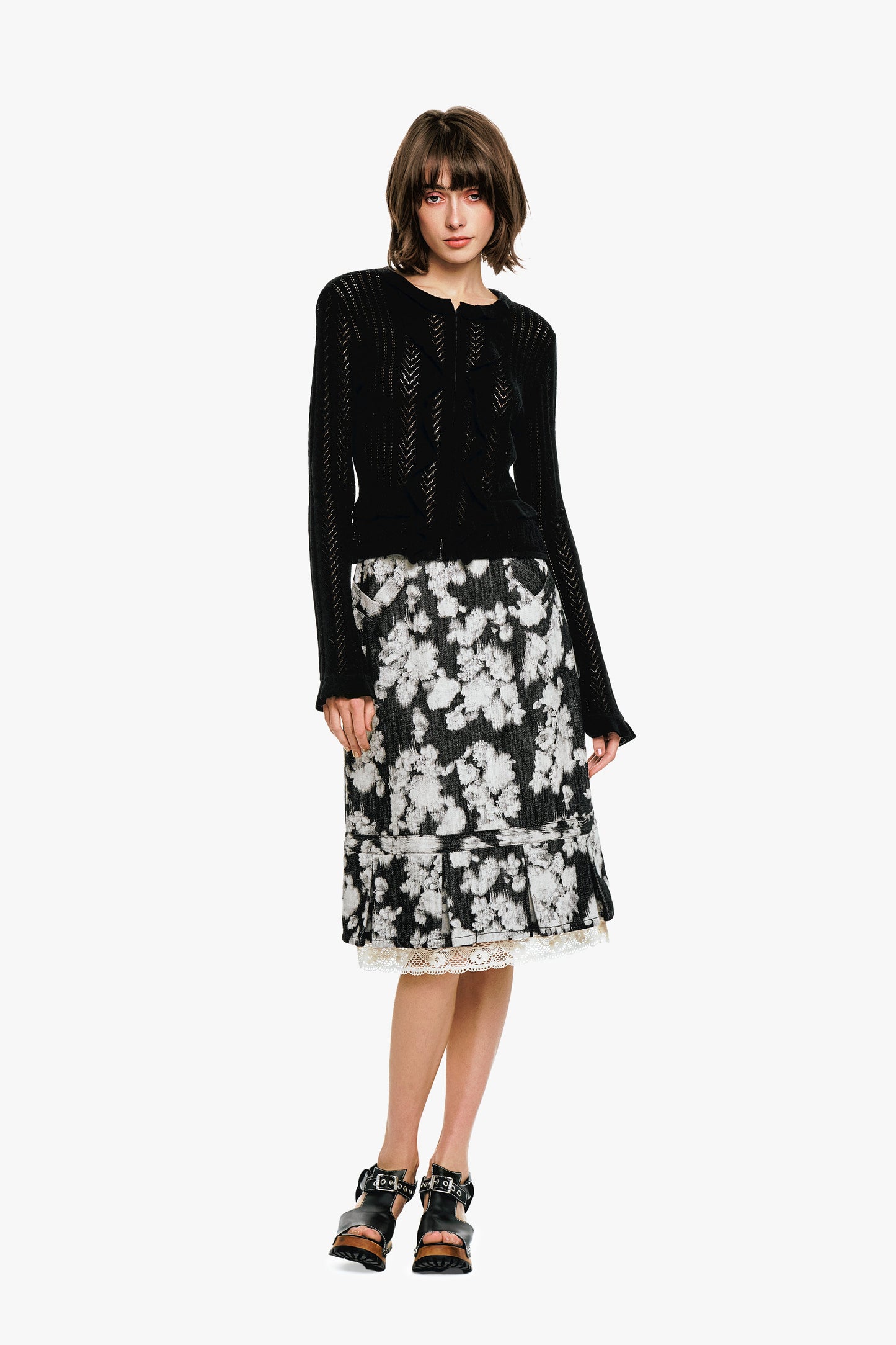 Victorian Pointelle Knitwear Cardigan - Black