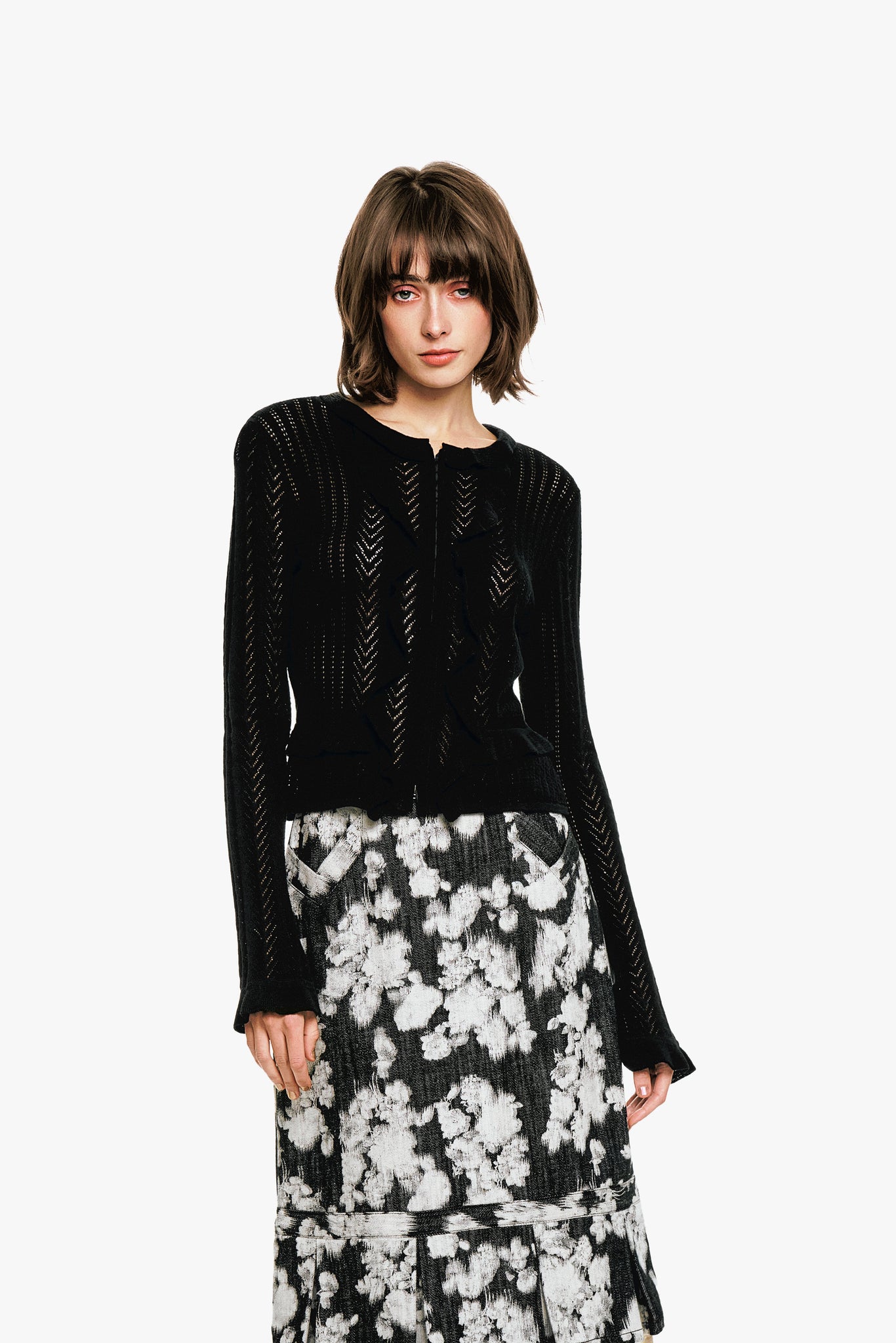 Victorian Pointelle Knitwear Cardigan - Black