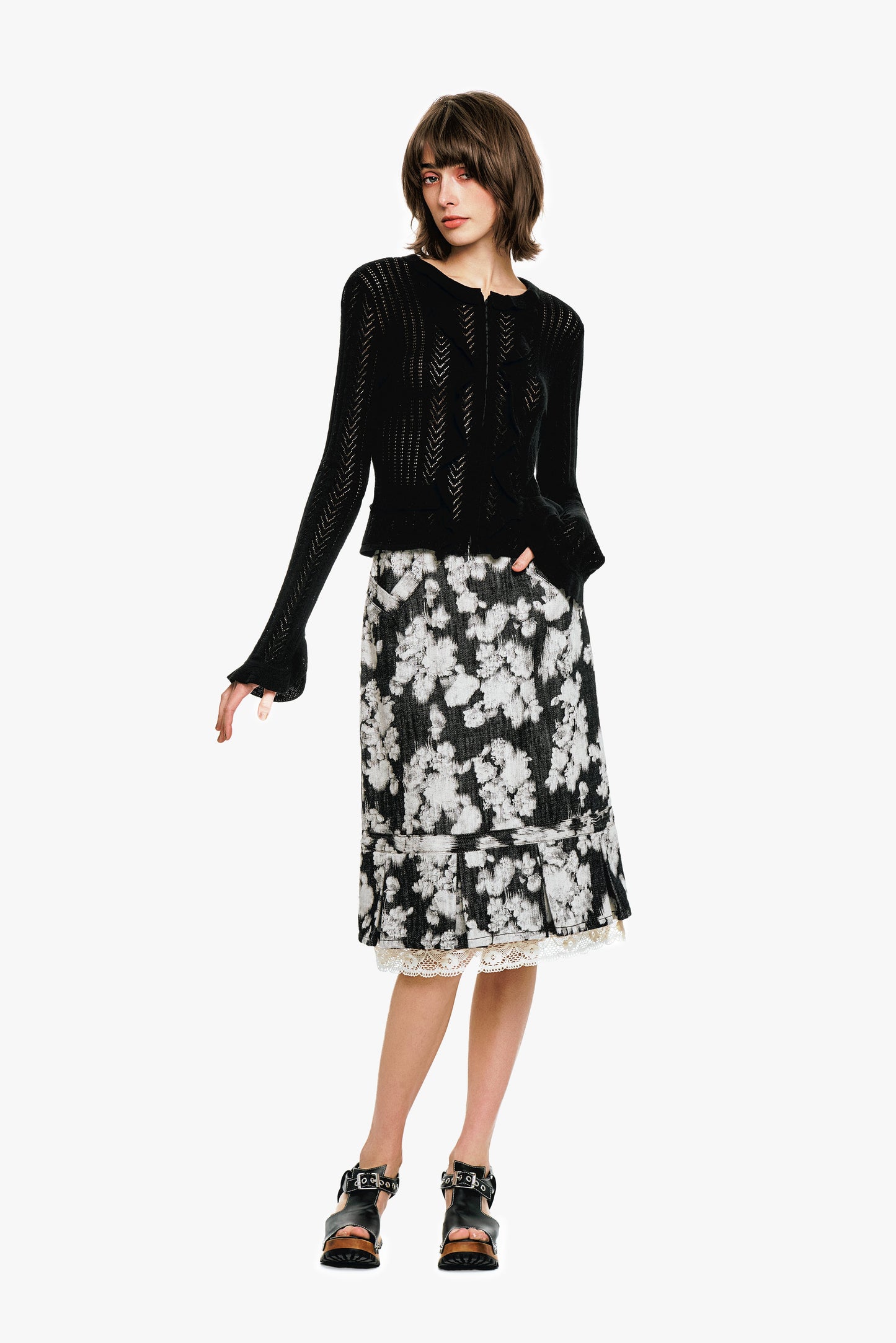 Victorian Pointelle Knitwear Cardigan - Black