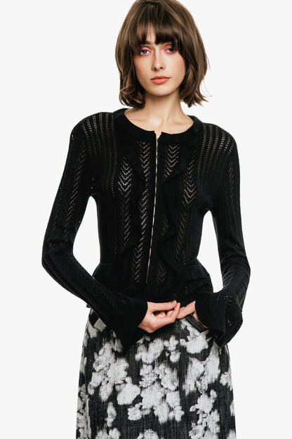 Victorian Pointelle Knitwear Cardigan - Black