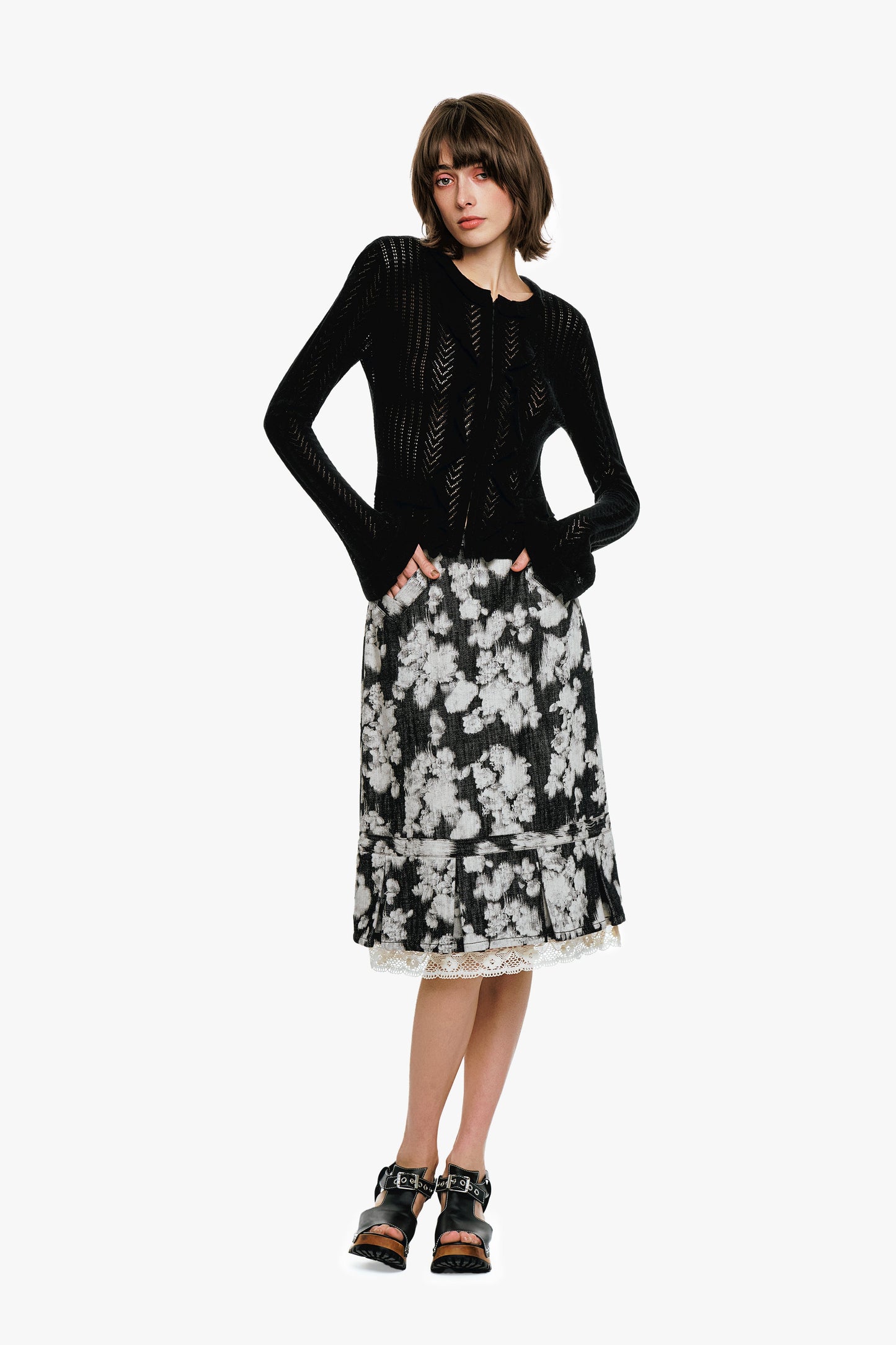 Victorian Pointelle Knitwear Cardigan - Black