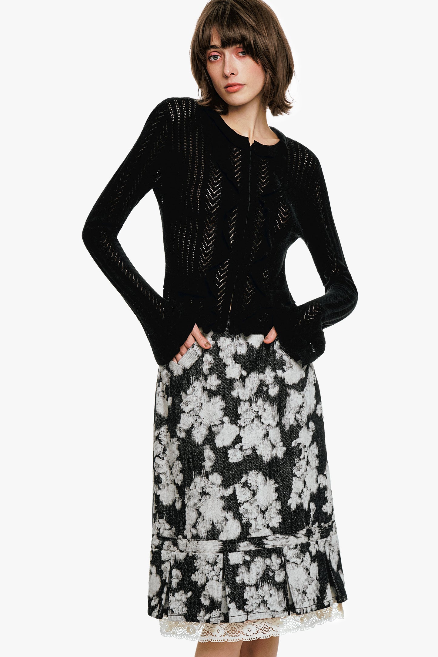 Victorian Pointelle Knitwear Cardigan - Black