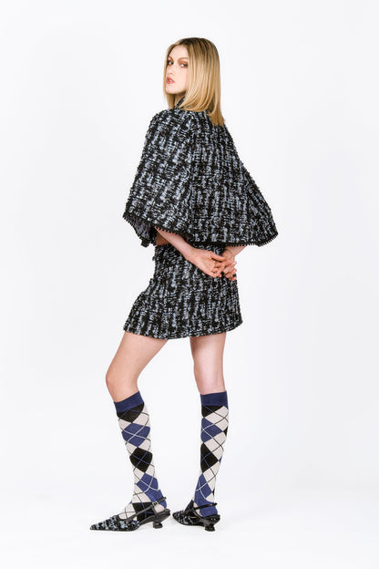 Cornflower Tweed Pleated Tight Mini Skirt, ruffle effects at bottom.