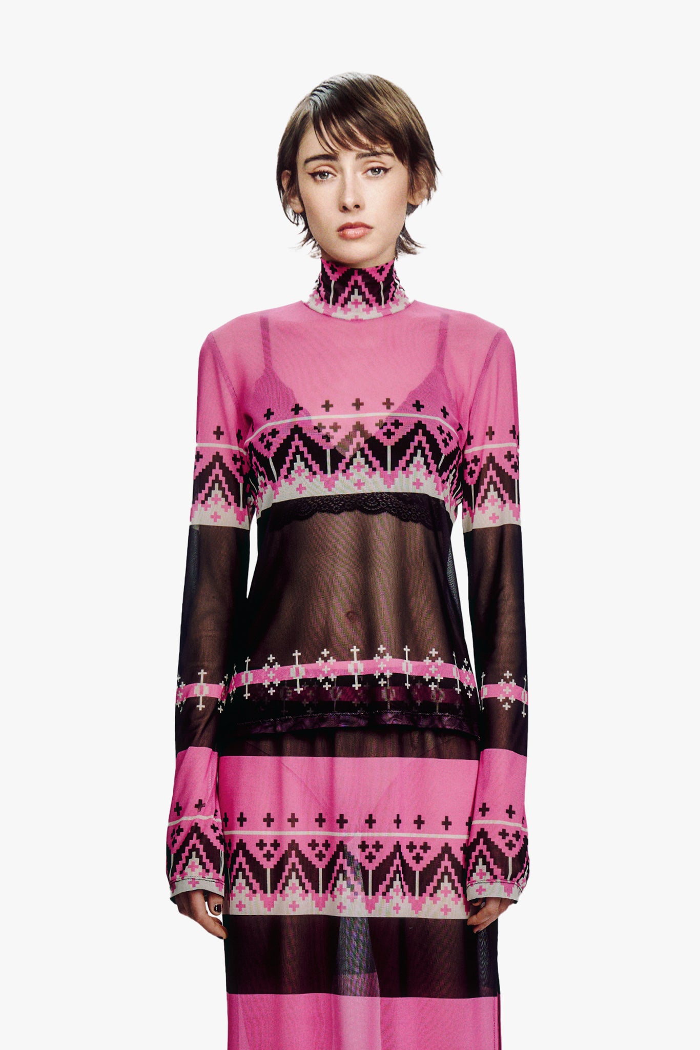 Fair Isle Mesh Turtleneck Top