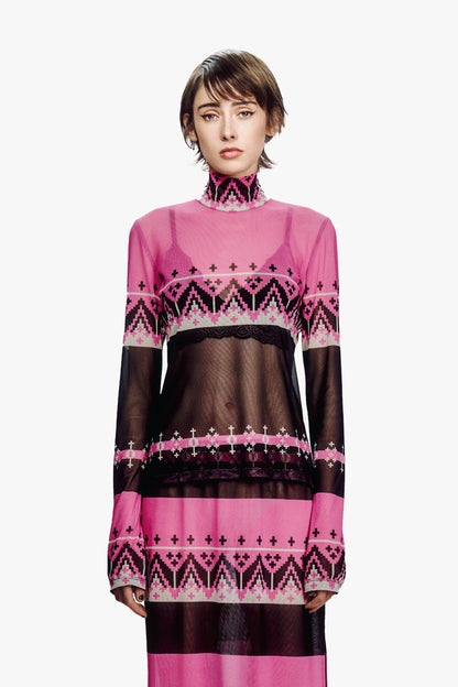Fair Isle Mesh Turtleneck Top