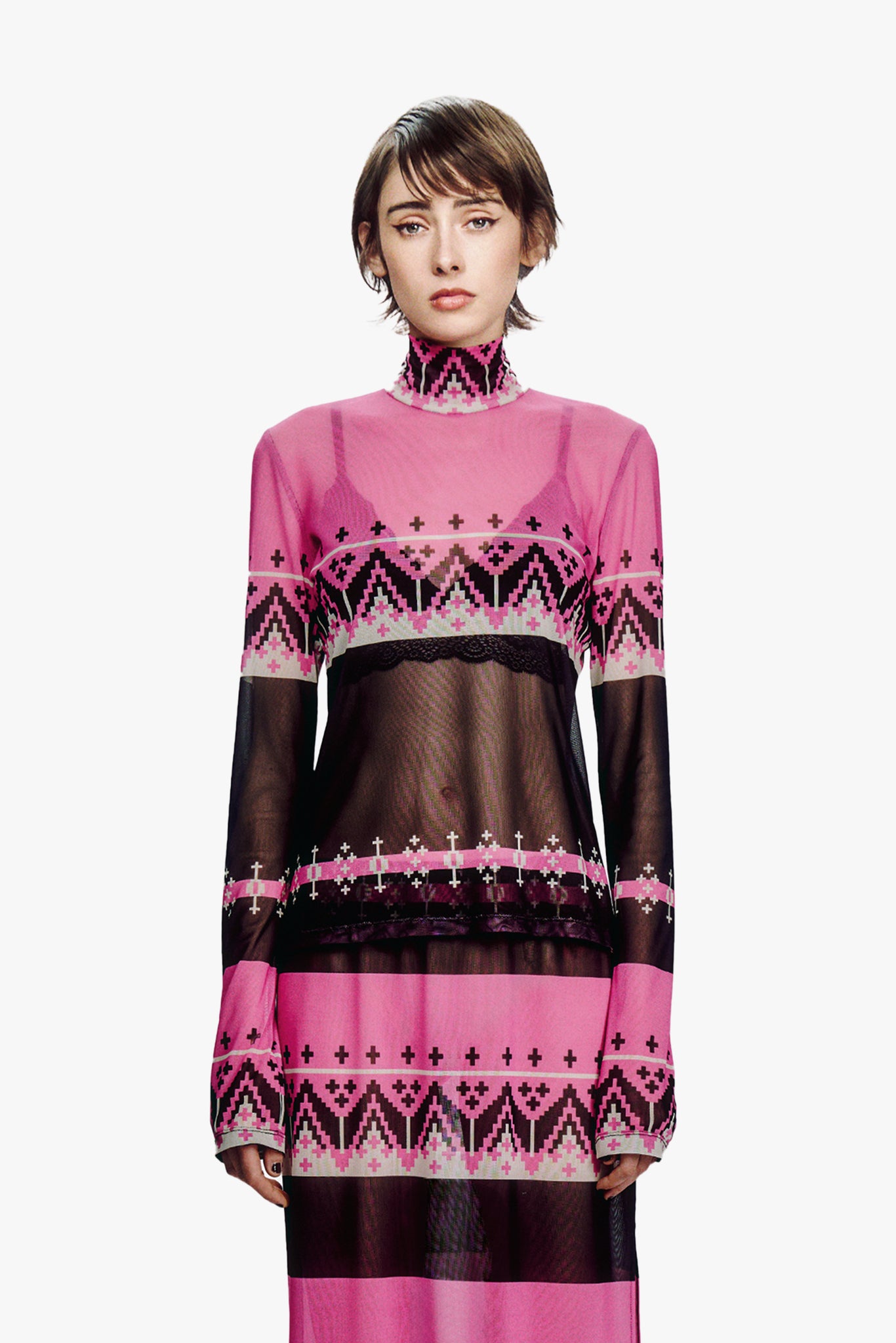 Fair Isle Mesh Turtleneck Top