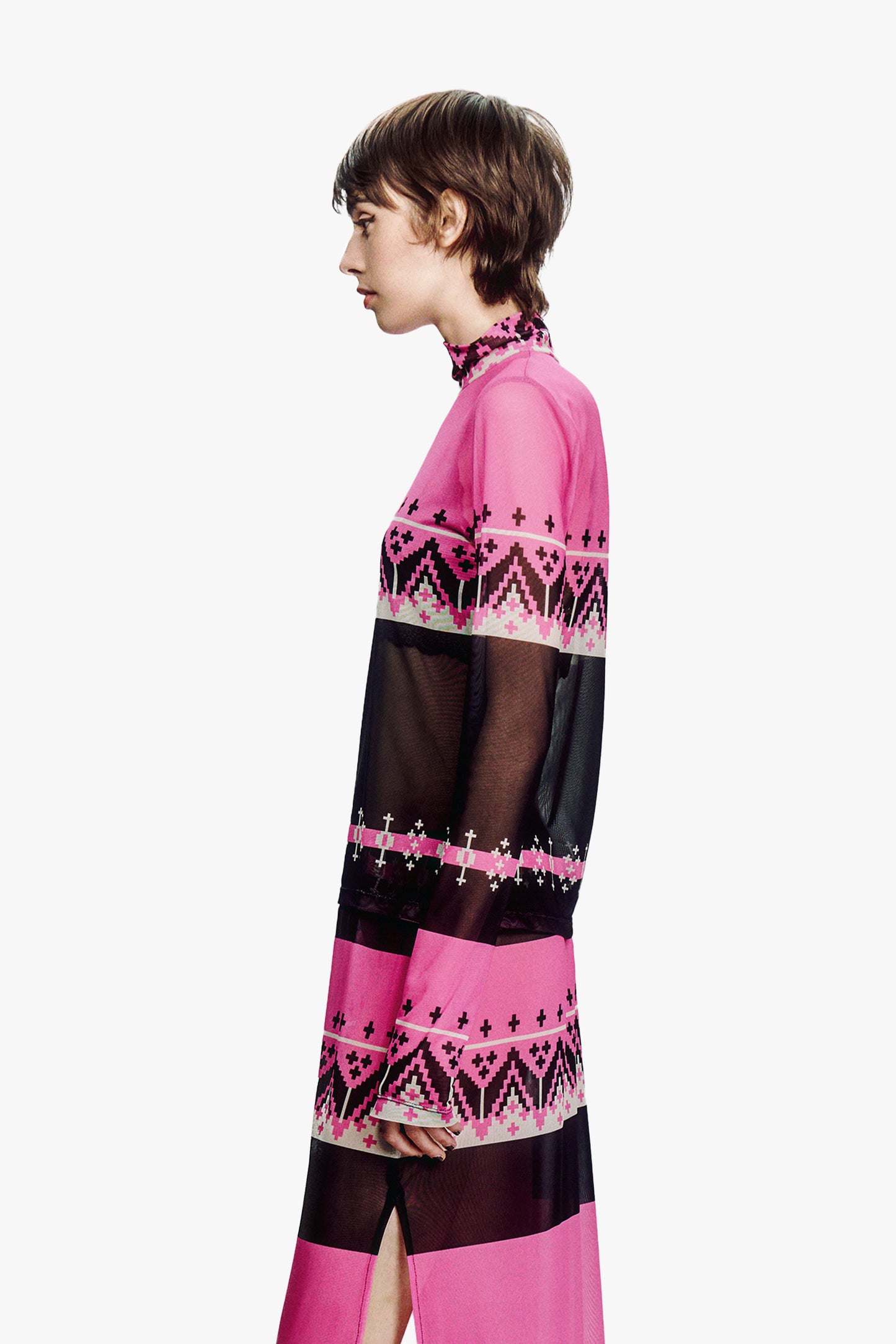 Fair Isle Mesh Turtleneck Top