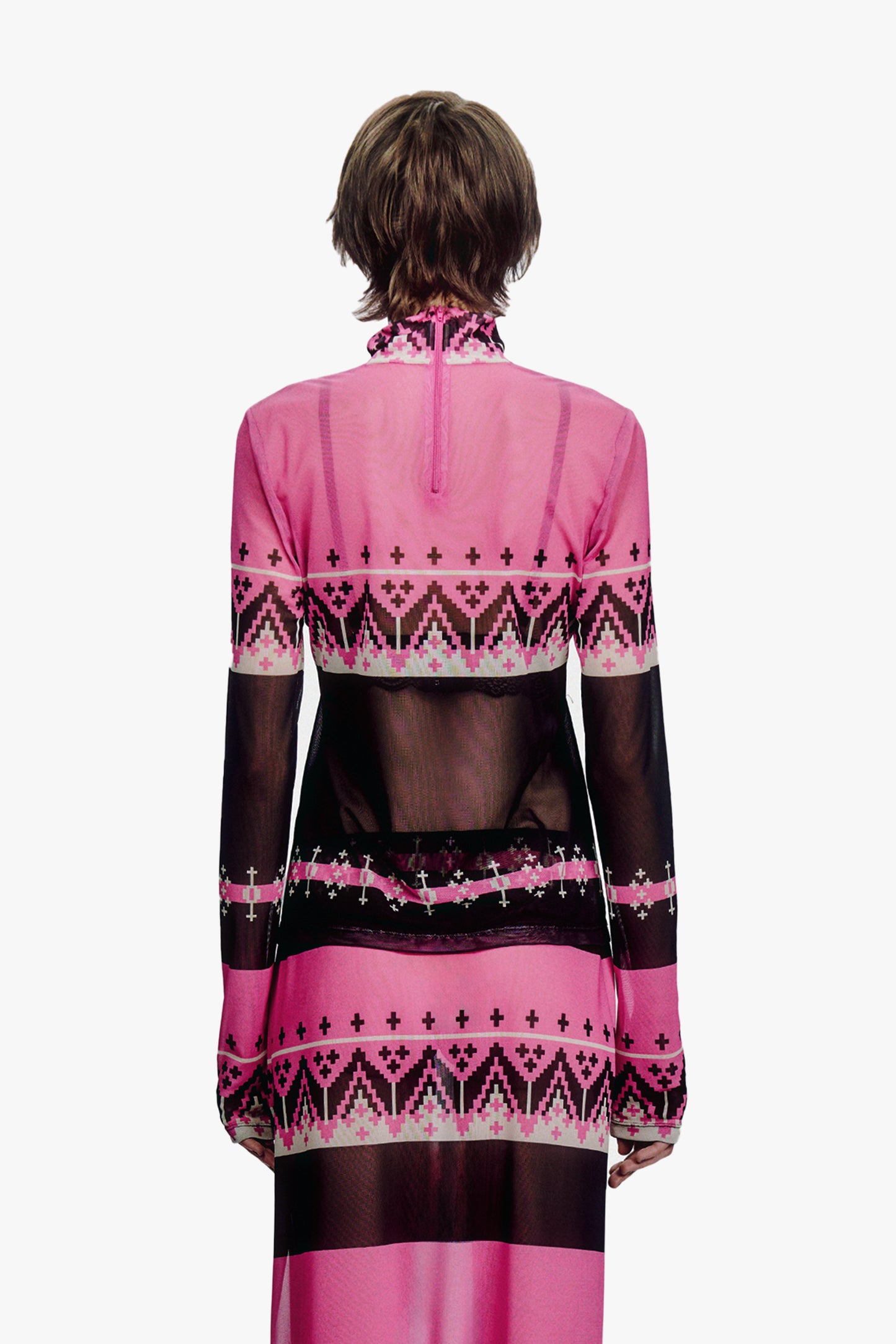 Fair Isle Mesh Turtleneck Top