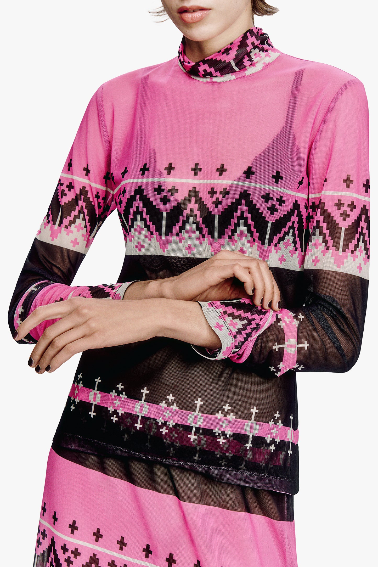 Fair Isle Mesh Turtleneck Top