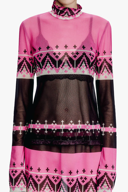 Fair Isle Mesh Turtleneck Top