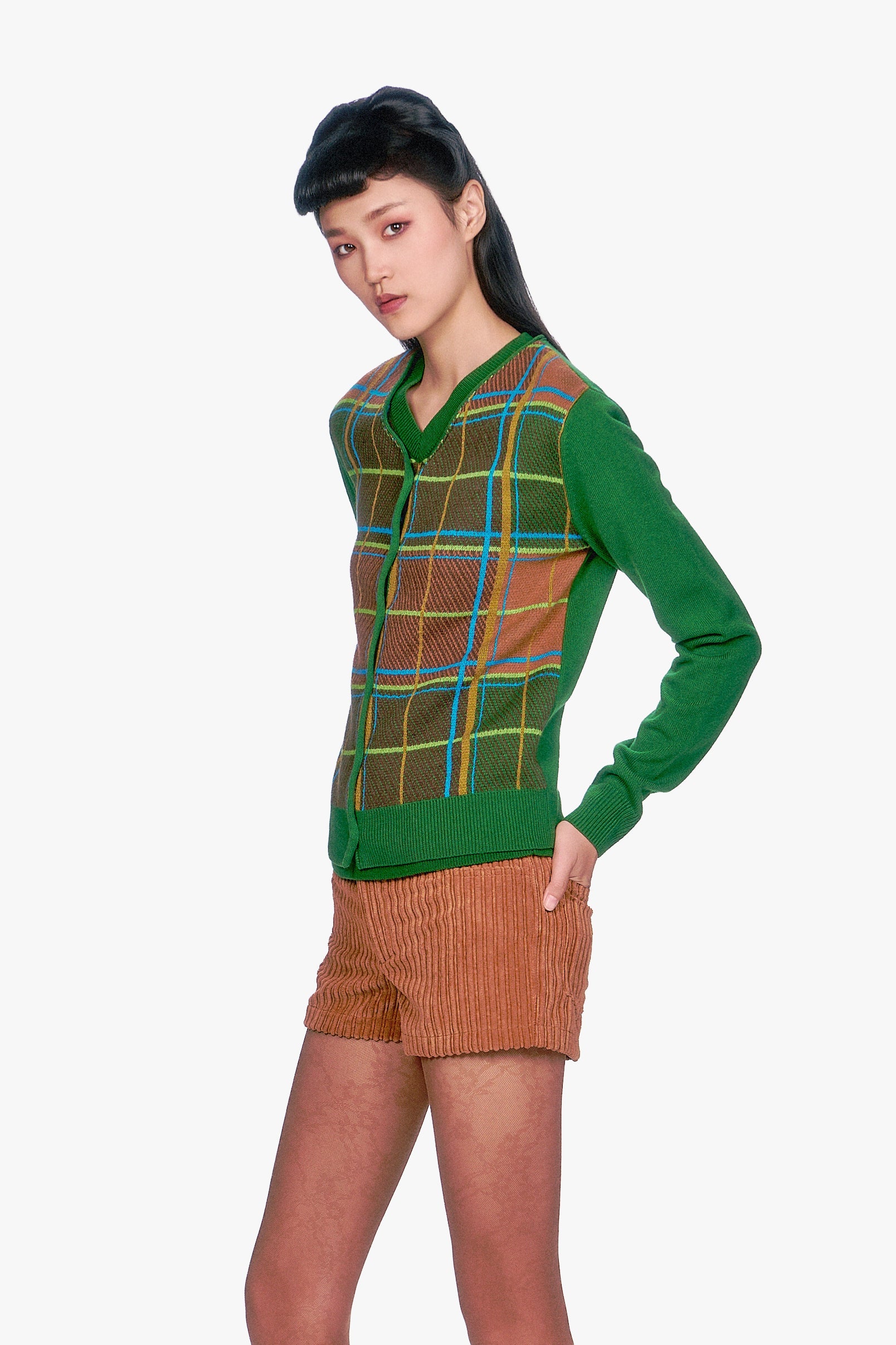 Model with Long Sleeves Plaid Cardigan - Leaf Green, squares are alternatively green and beige