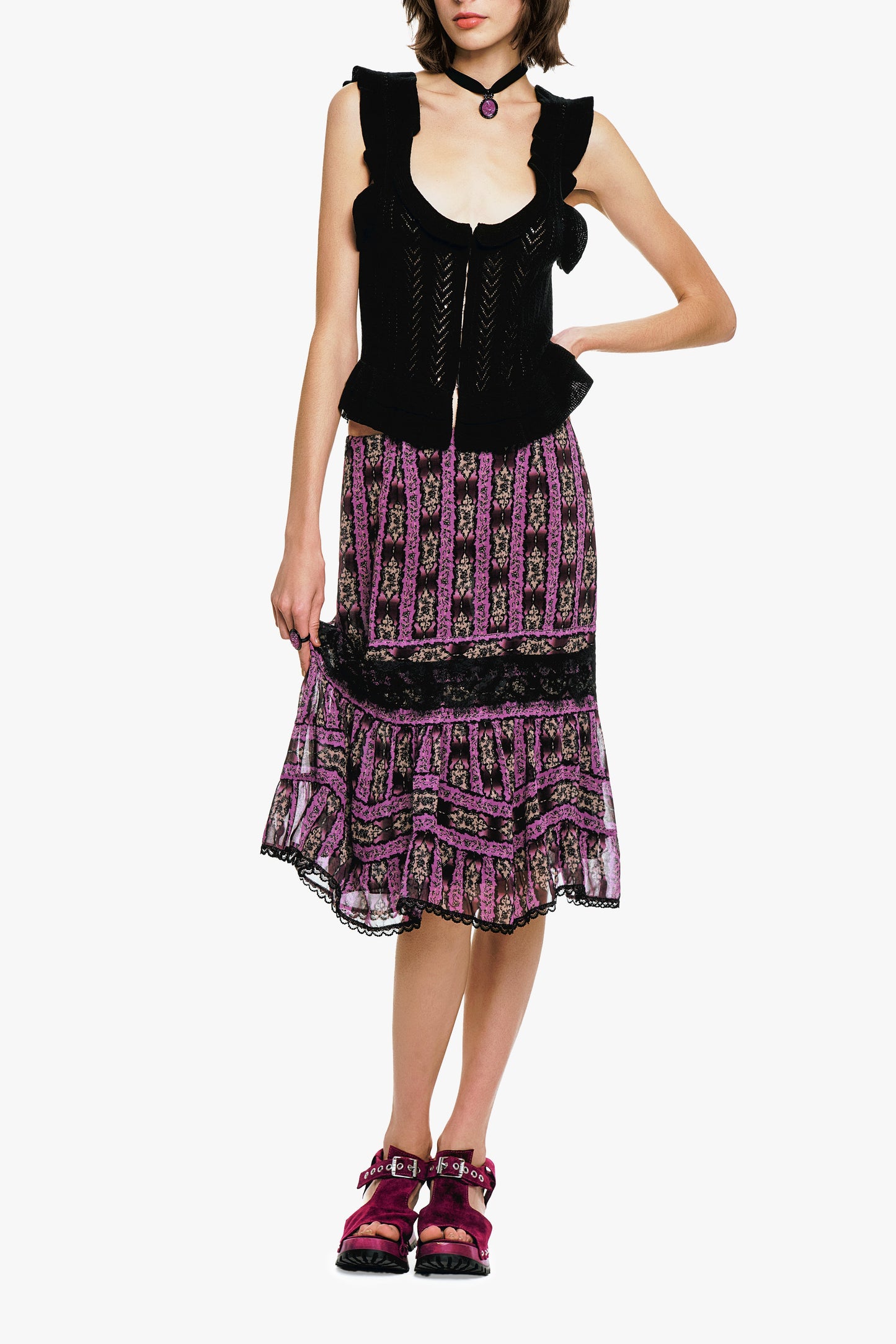 Cameo Stripe Print Midi Skirt