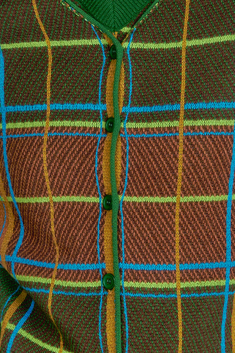Details of Plaid Cardigan - Leaf Green, square in squares are alternatively green and beige.