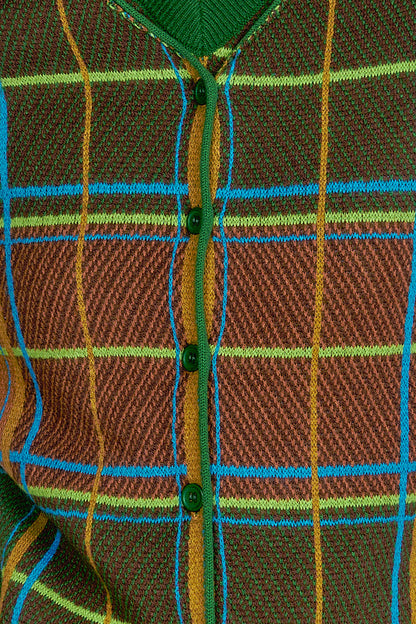 Details of Plaid Cardigan - Leaf Green, square in squares are alternatively green and beige.