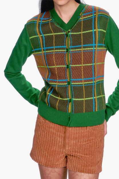 Long green Sleeves Plaid Cardigan - Leaf Green, V-neck collar, 6-buttons to close it.  