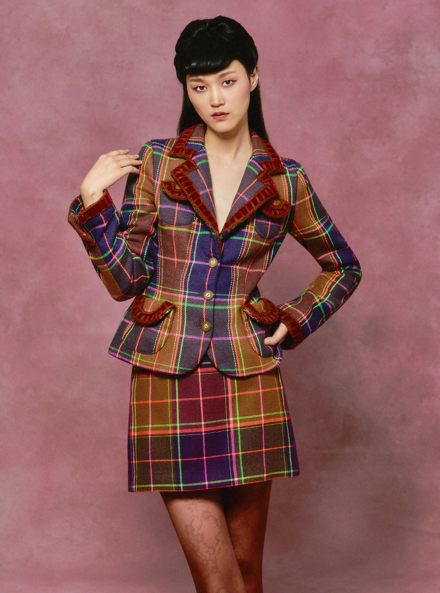 Caramel and Magenta Plaid Mini Skirt with The Caramel and Magenta Plaid Ribbon Jacket. 