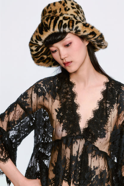The Victorian Lace V-Neck Top in black  floral features, mid-arm sleeves, waist long.