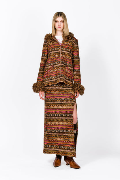 Fair Isle Fleece Faux Curly Lamb Trimmed Hooded Jacket