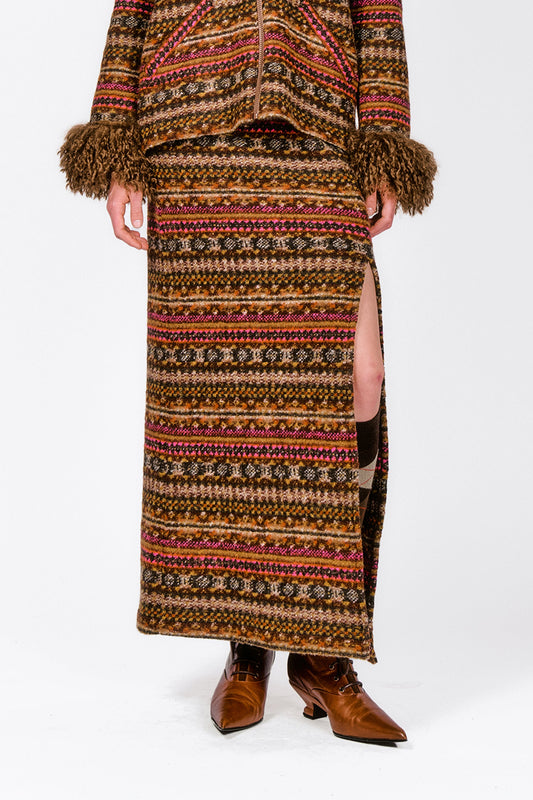 Fair Isle Fleece Maxi Skirt with Slit