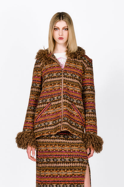 Fair Isle Fleece Faux Curly Lamb Trimmed Hooded Jacket