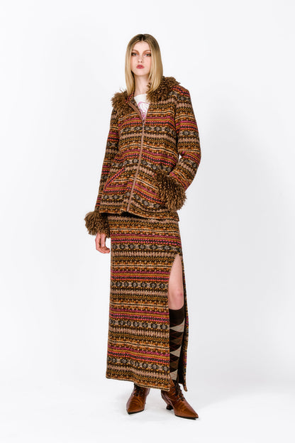 Fair Isle Fleece Faux Curly Lamb Trimmed Hooded Jacket