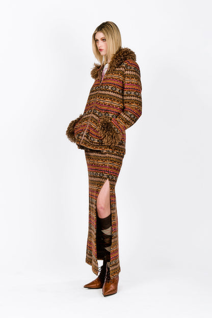 Fair Isle Fleece Faux Curly Lamb Trimmed Hooded Jacket