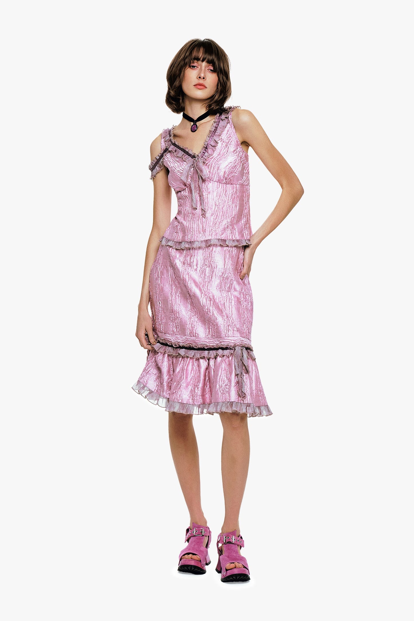 Crushed Satin Ruffle Midi Skirt