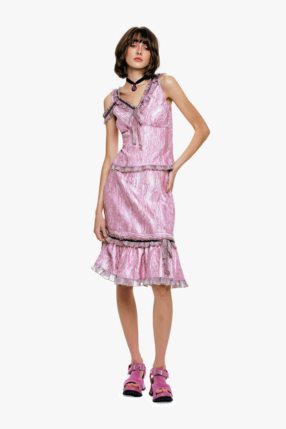 Crushed Satin Ruffle Midi Skirt