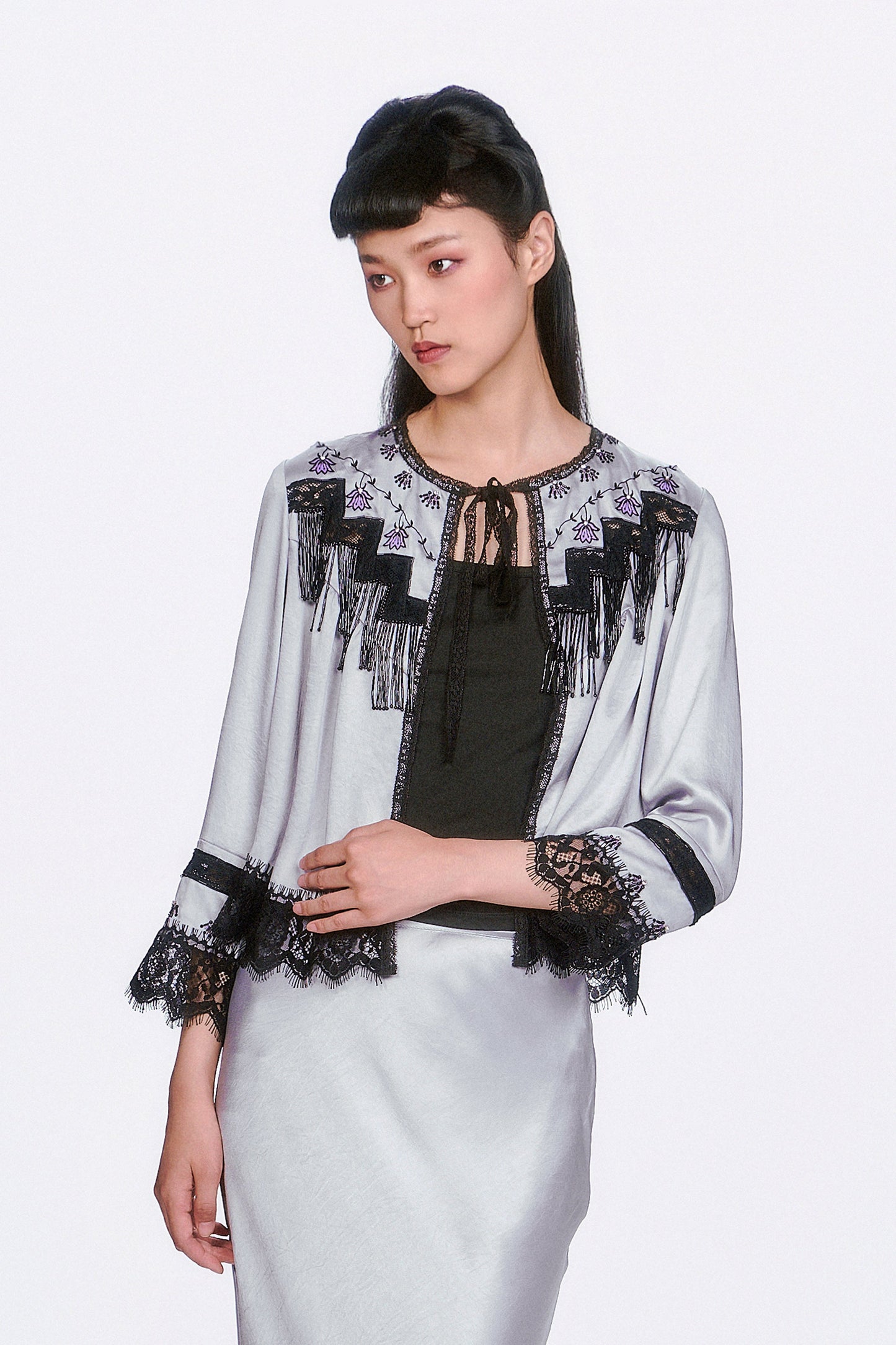 Boudoir Satin Beaded Fringe Bed Silver Jacket features a timeless pattern flowy Western and Chic. 