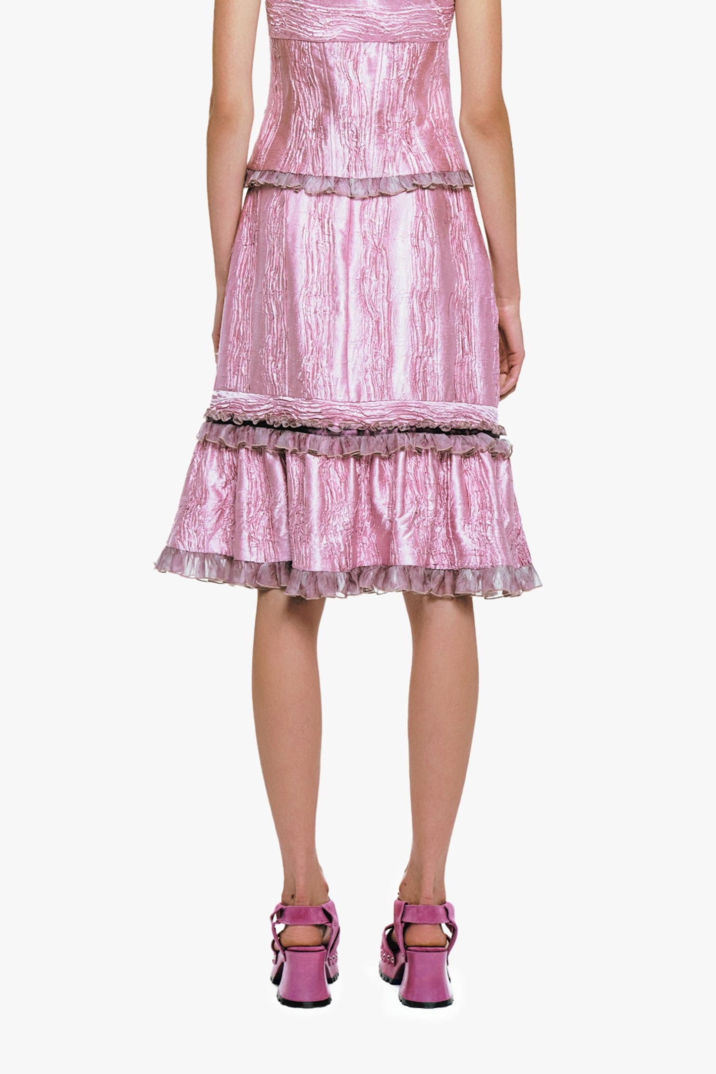 Crushed Satin Ruffle Midi Skirt