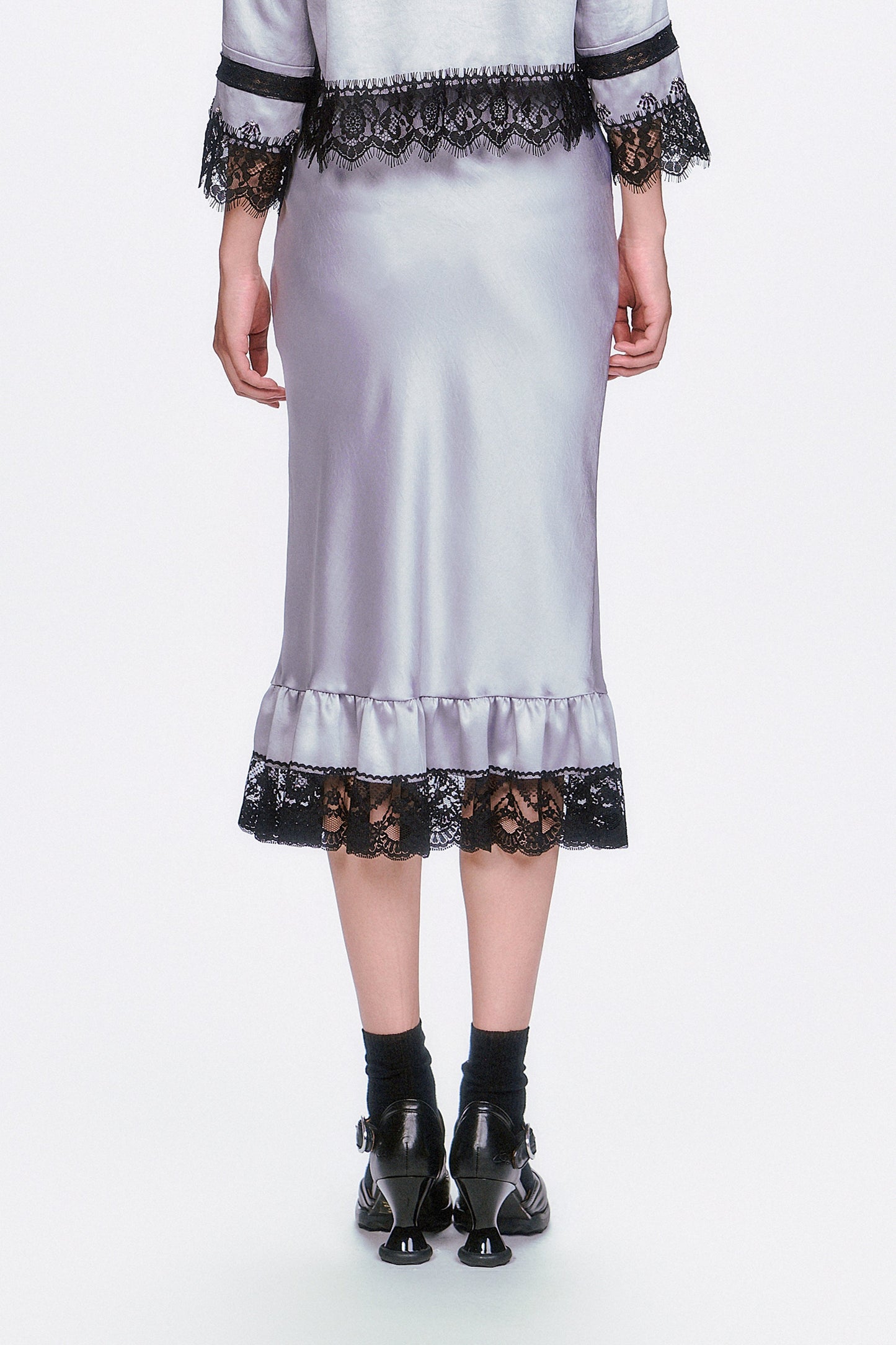 Boudoir Satin Lace Skirt a silky midi skirt, ruffle effect above the bottom hem black lace.