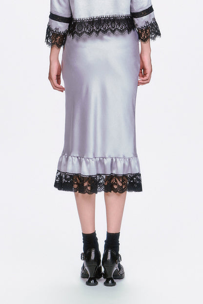 Boudoir Satin Lace Skirt a silky midi skirt, ruffle effect above the bottom hem black lace.