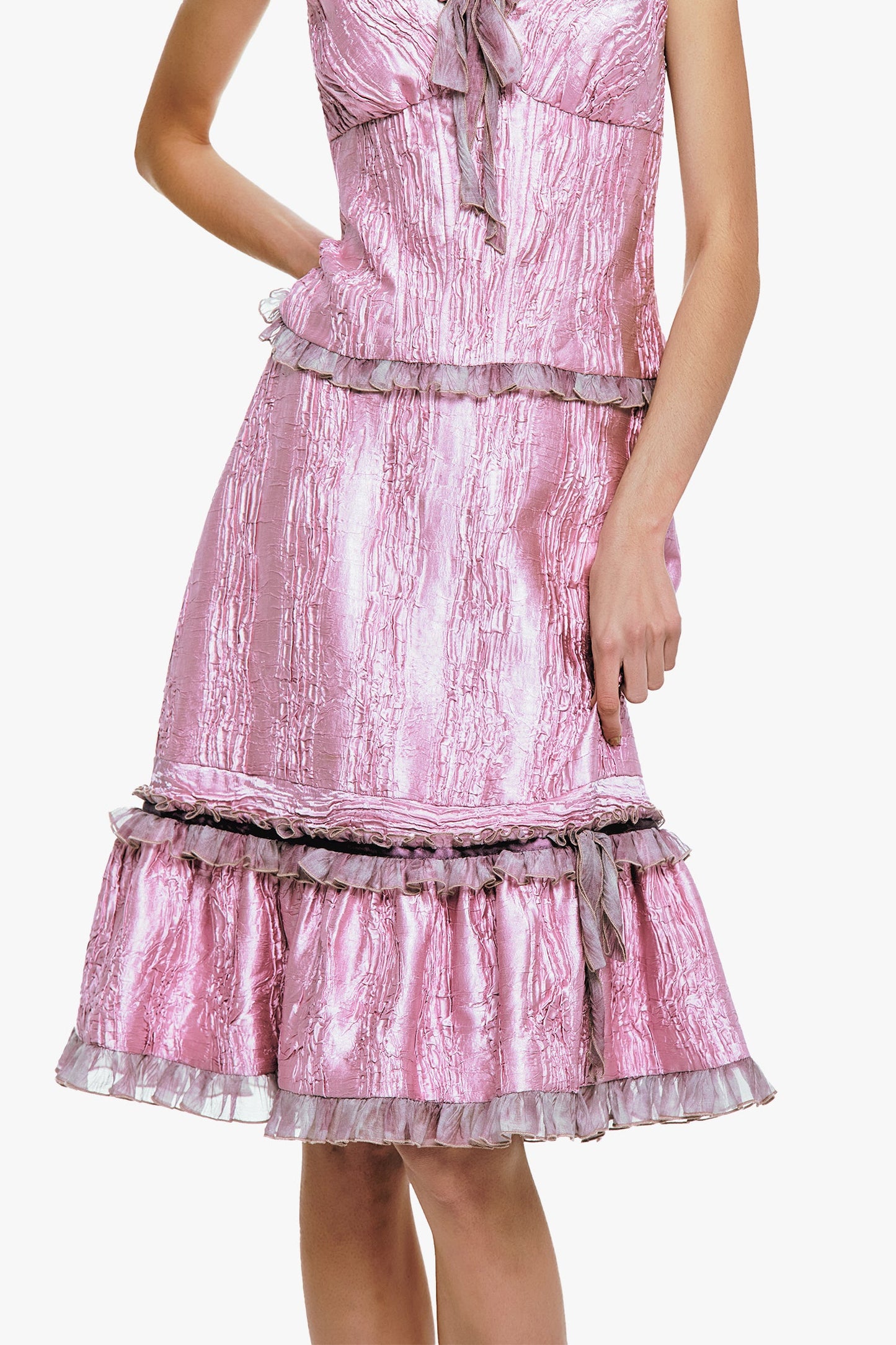 Crushed Satin Ruffle Midi Skirt