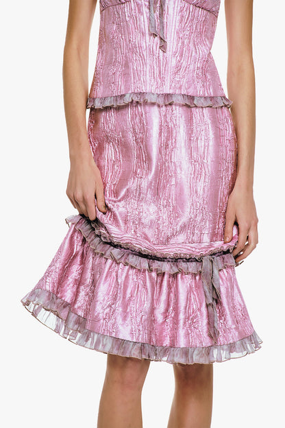 Crushed Satin Ruffle Midi Skirt