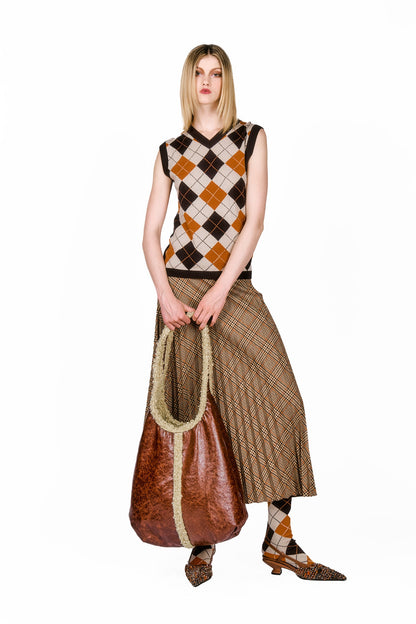 Argyle Knitwear Vest, brown hems, small orange lines across diamonds creates diamonds shapes