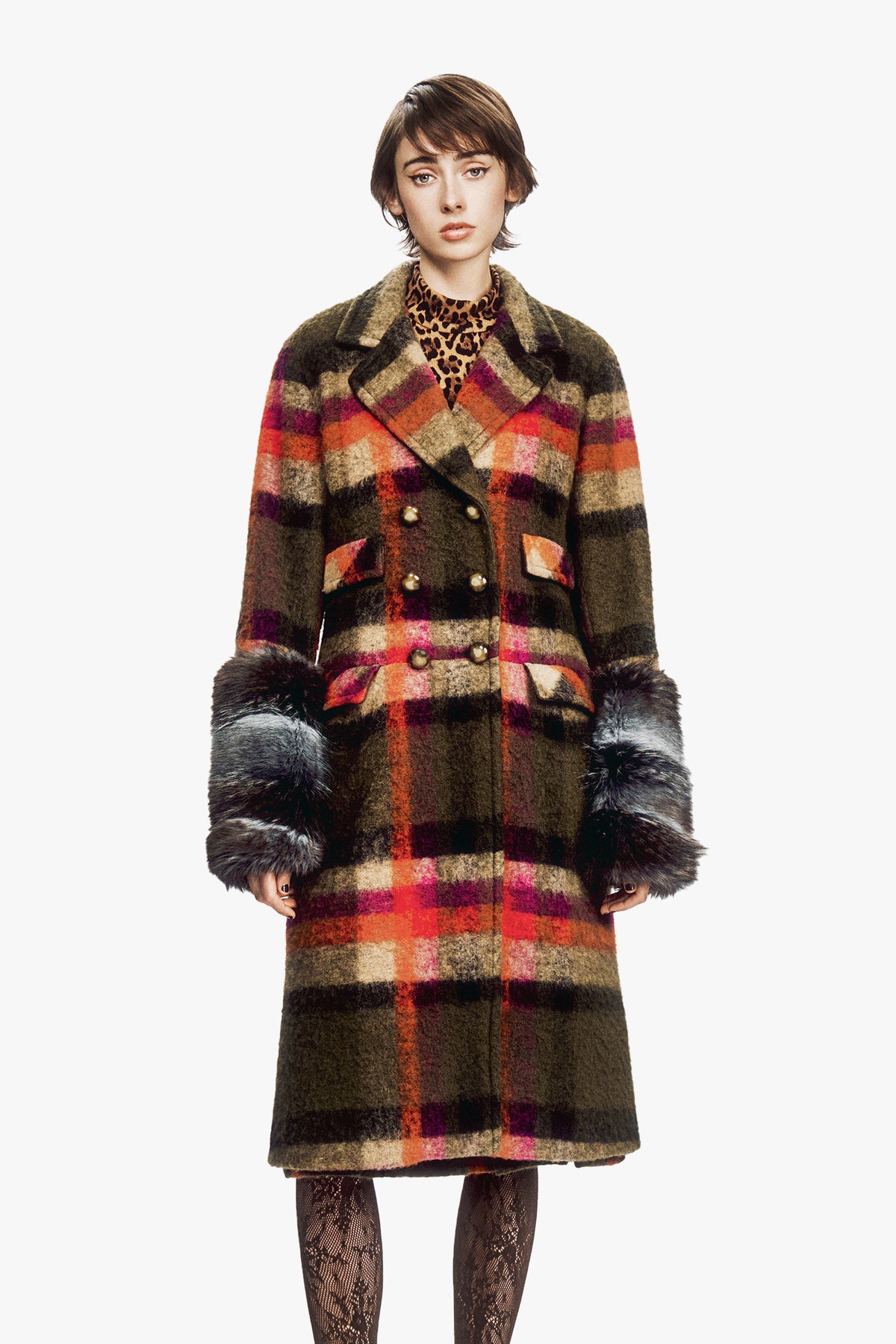Brushed Wool Plaid and Charcoal Faux Fur Coat