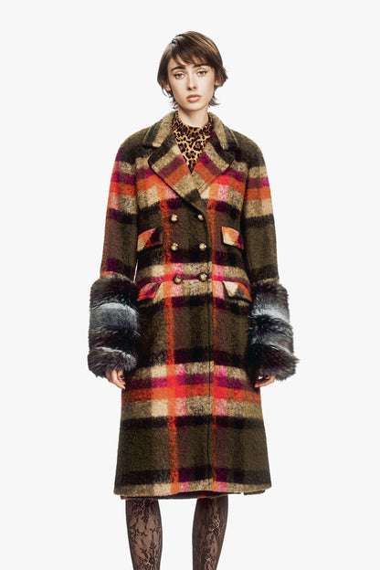 Brushed Wool Plaid and Charcoal Faux Fur Coat
