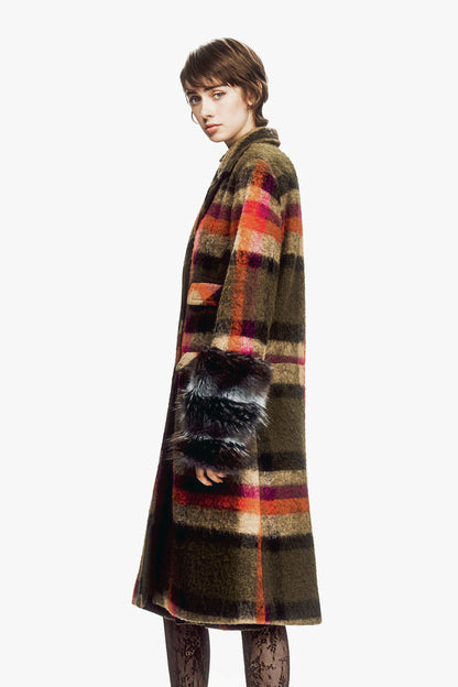 Brushed Wool Plaid and Charcoal Faux Fur Coat