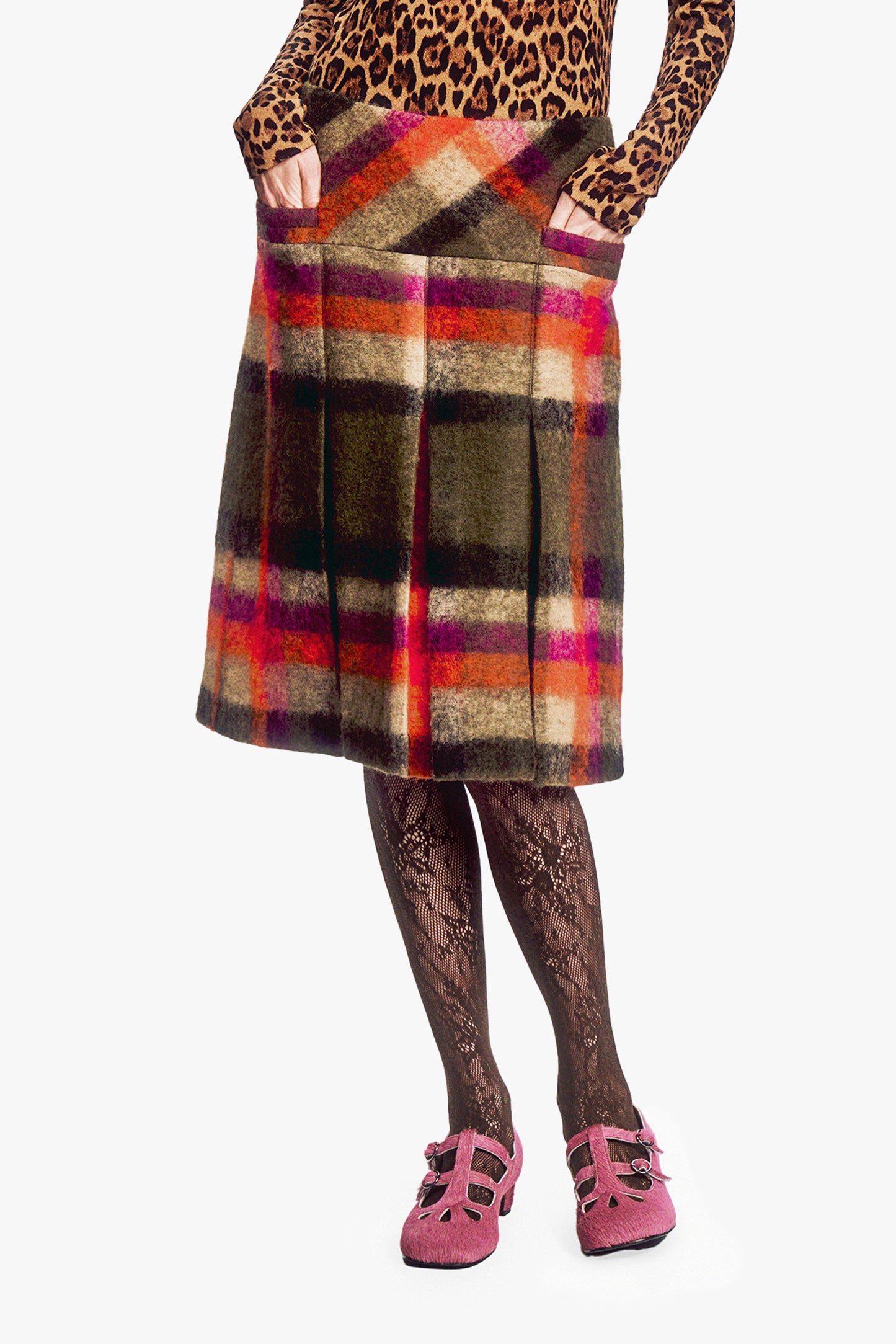 Brushed Wool Plaid Pleated Skirt