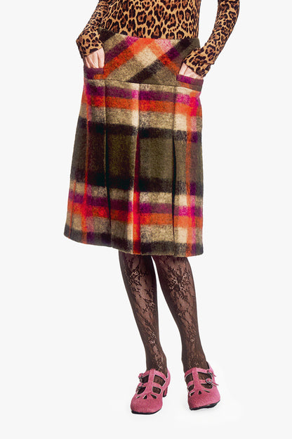 Brushed Wool Plaid Pleated Skirt