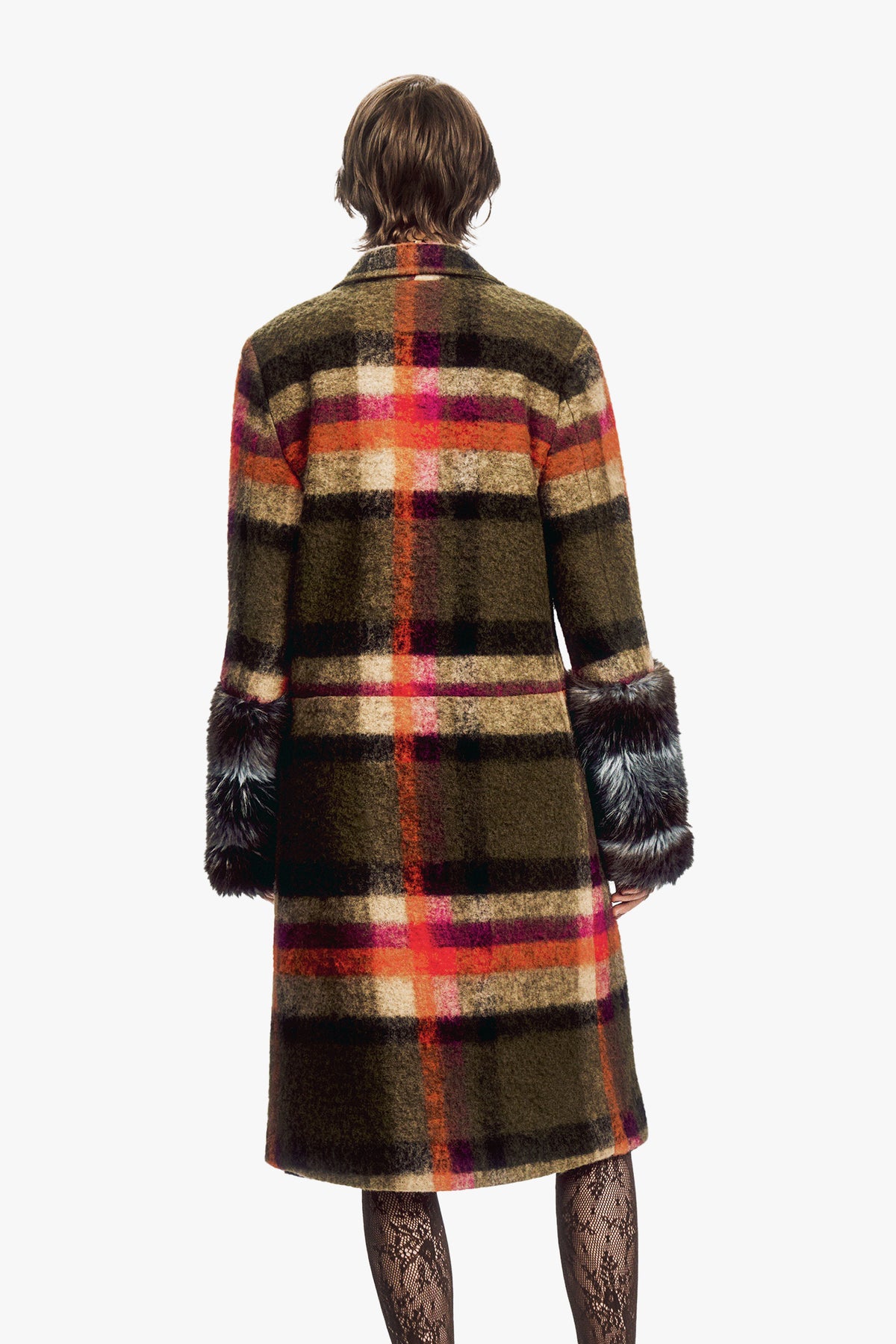 Brushed Wool Plaid and Charcoal Faux Fur Coat