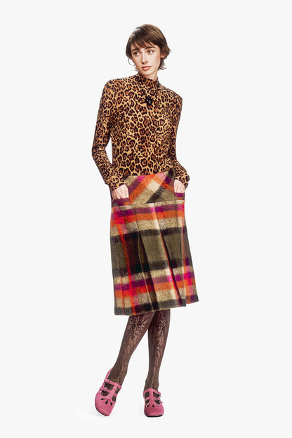 Brushed Wool Plaid Pleated Skirt