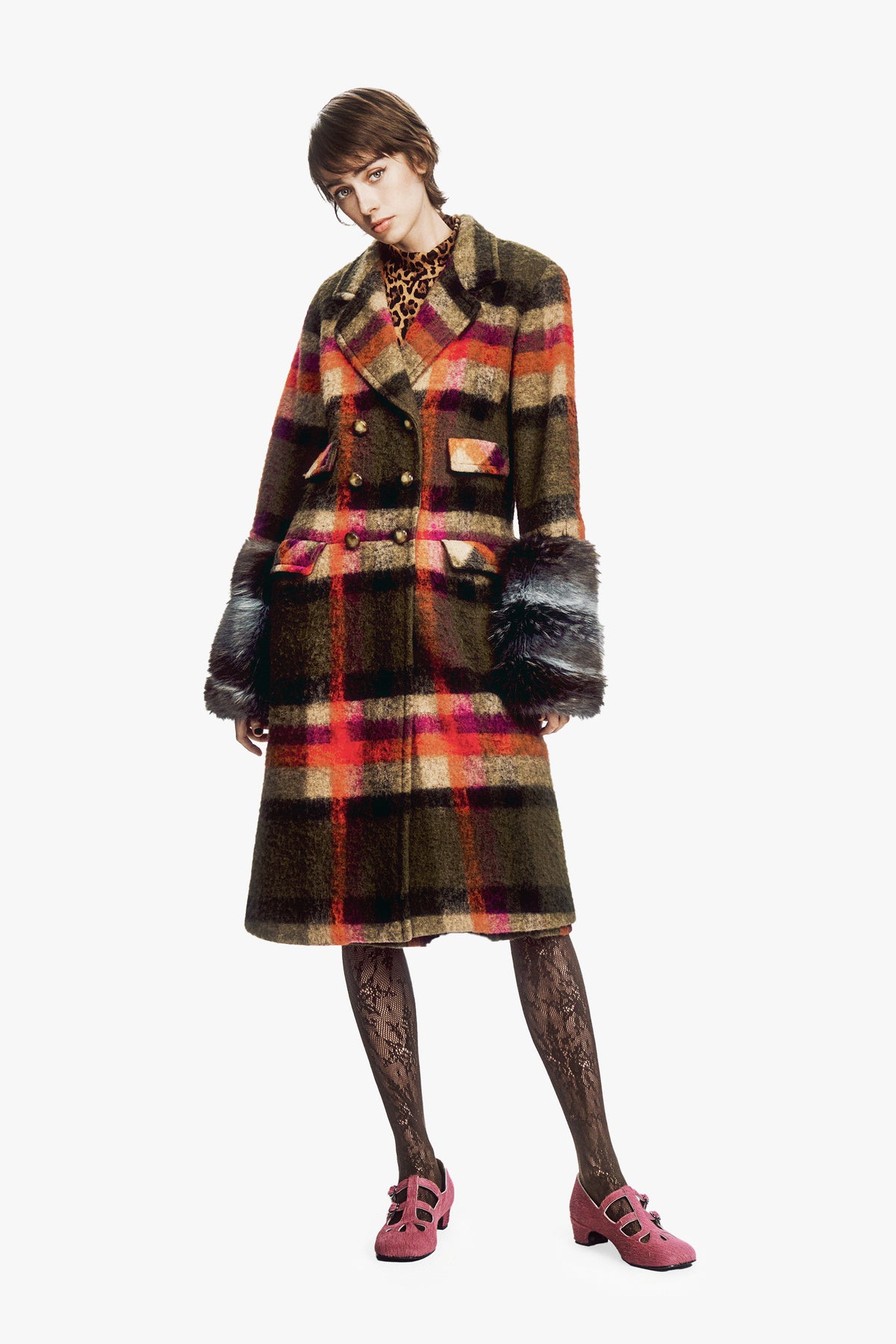 Brushed Wool Plaid and Charcoal Faux Fur Coat