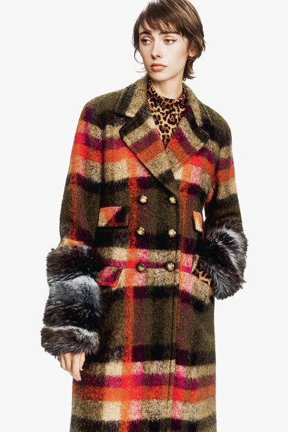 Brushed Wool Plaid and Charcoal Faux Fur Coat