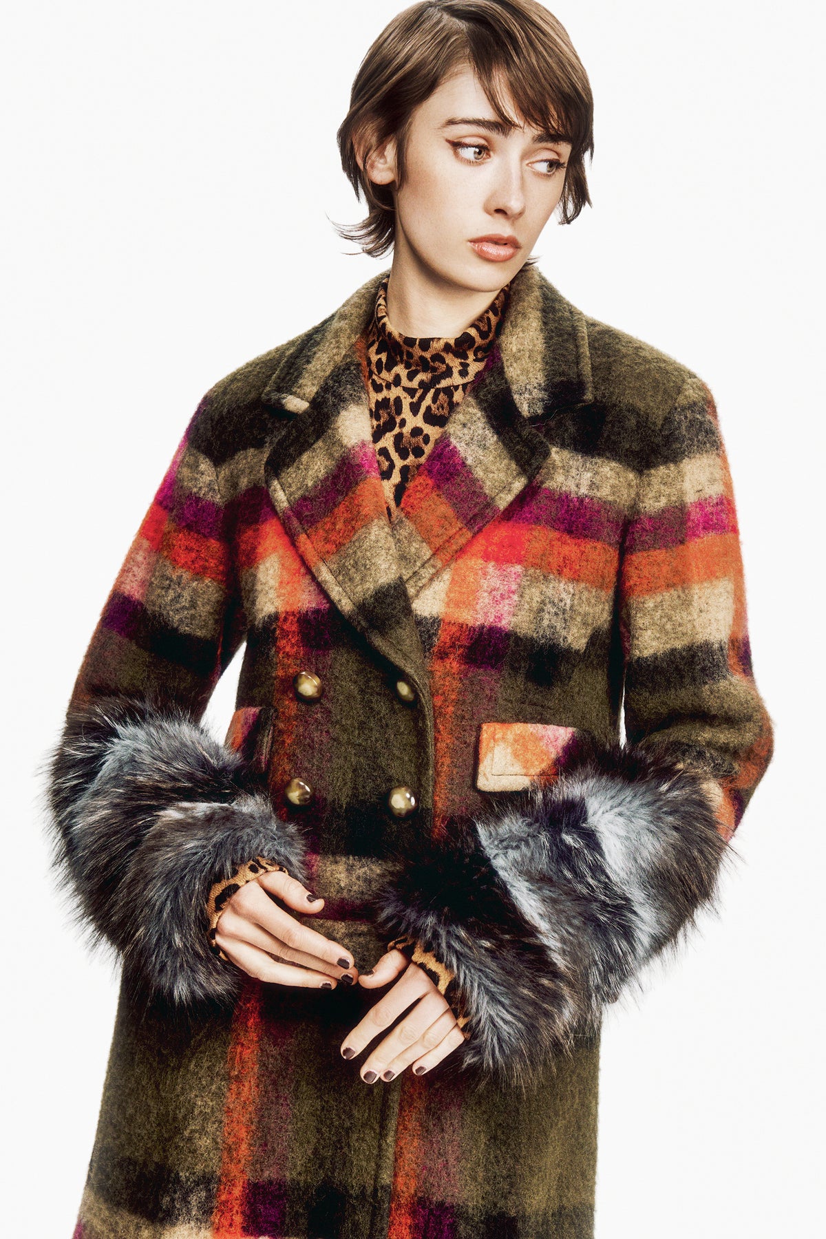 Brushed Wool Plaid and Charcoal Faux Fur Coat