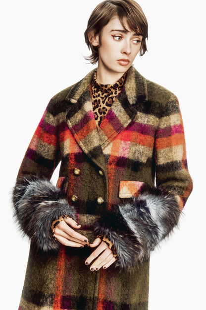 Brushed Wool Plaid and Charcoal Faux Fur Coat