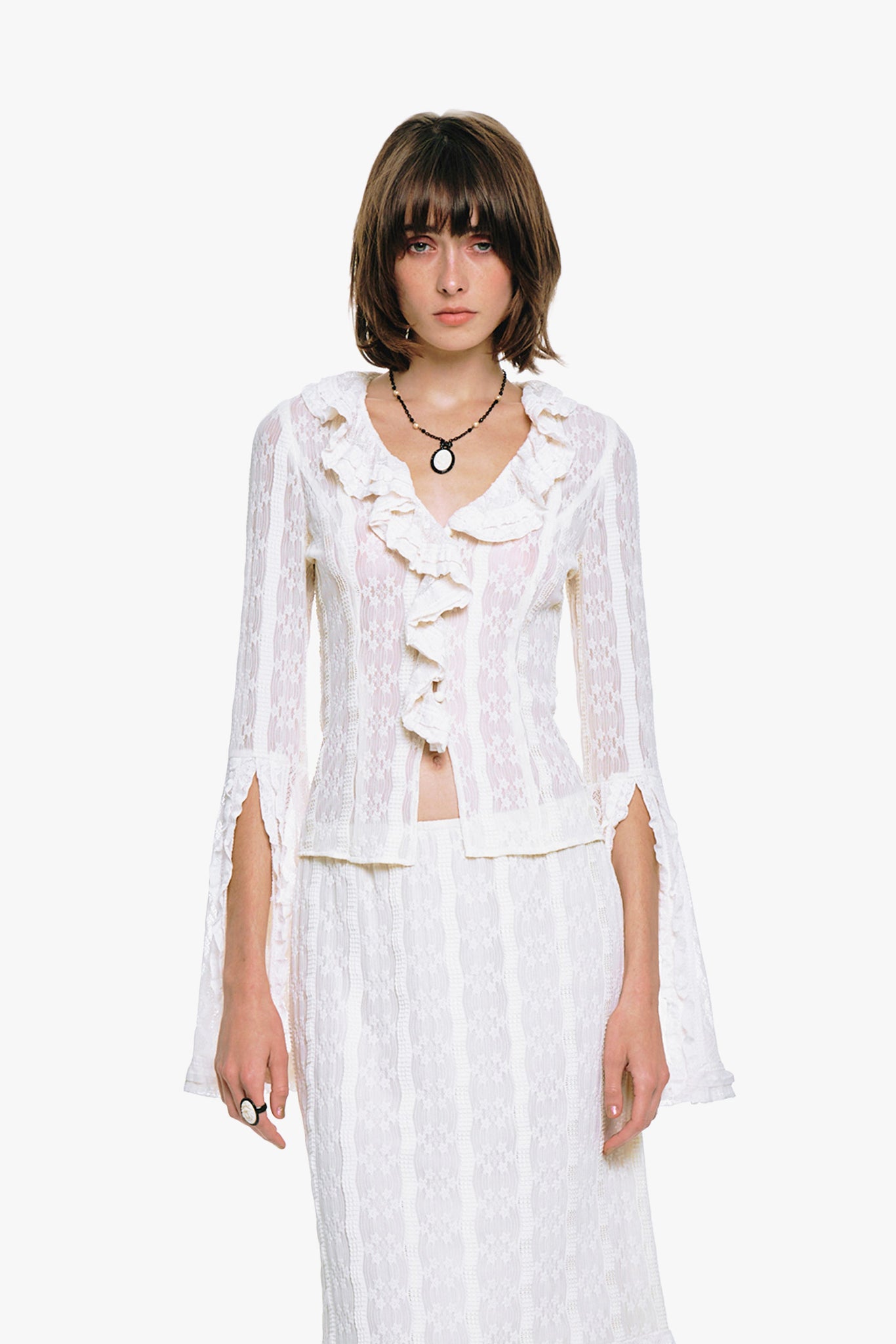 Floral Ruffle Stretch Lace Blouse